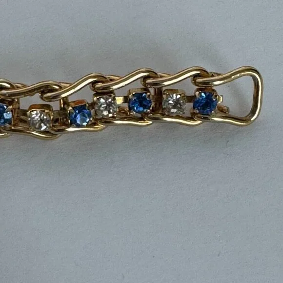 Blue White Rhinestones Tennis Bracelet Gold-Tone Fashion Jewelry - Picture 5 of 10
